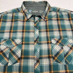 Kuhl Konquer Eluxor Shirt Mens XXL Green Plaid Pearl Snap Short Sleeve Outdoors